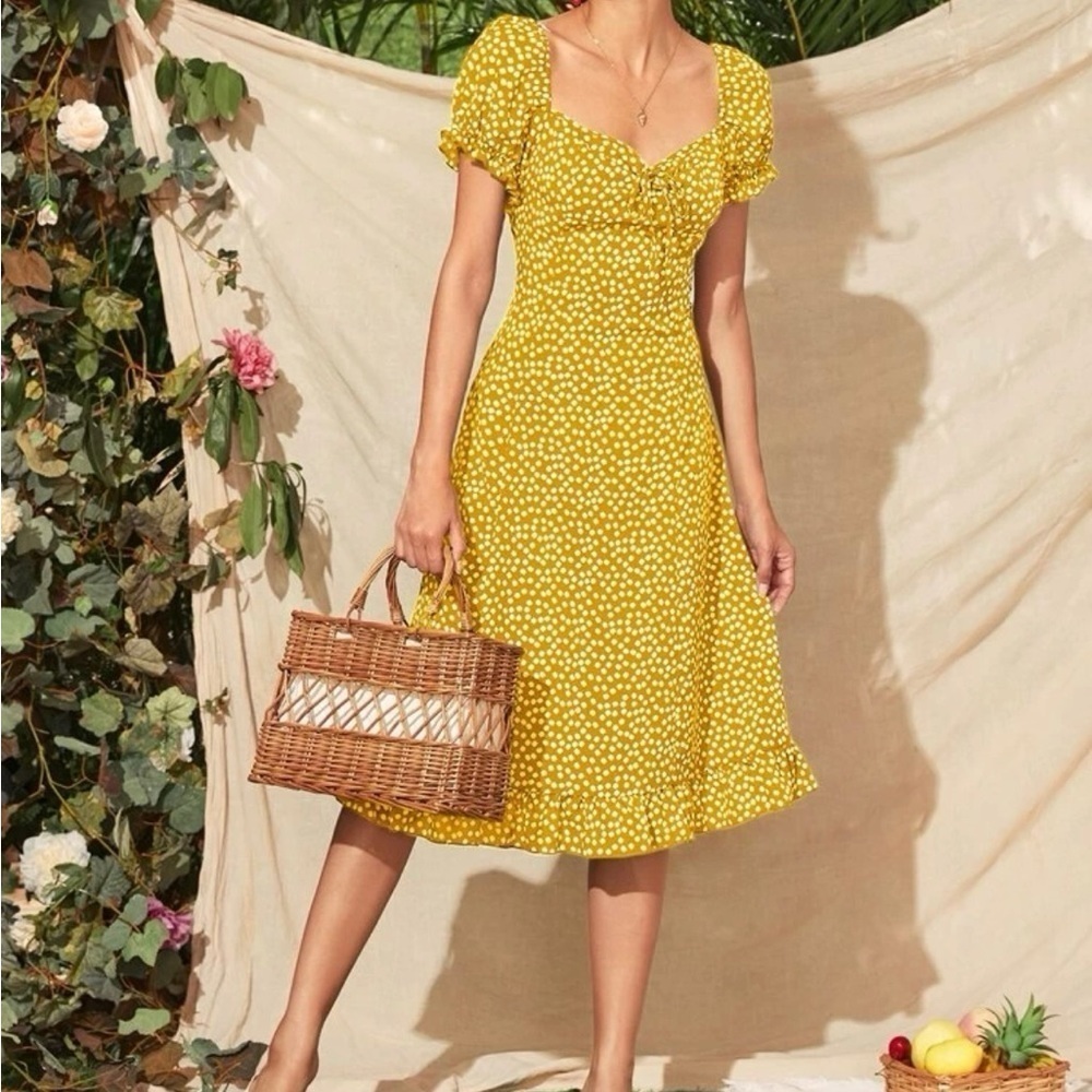 Shein front ruffle trim floral milkmaid dress